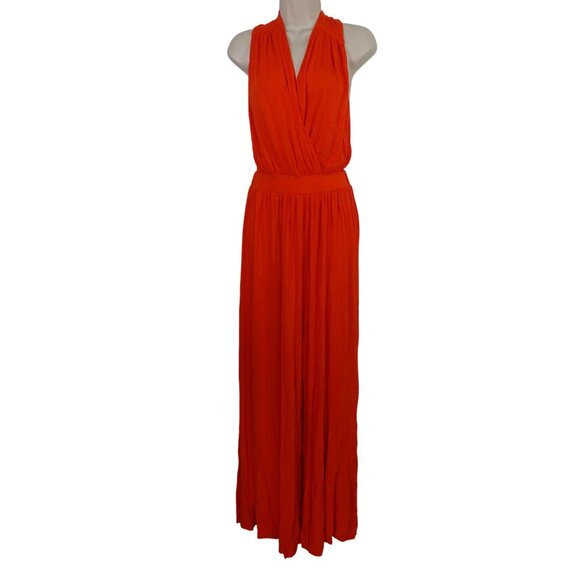 unbranded Pants - Bright Orange Halter Jumpsuit Women Size S Elastic Waist Surplice Vneck Wide Leg